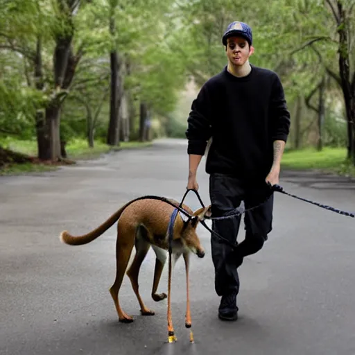 Image similar to Pete Davidson walking a kangaroo, 4k, photorealistic,