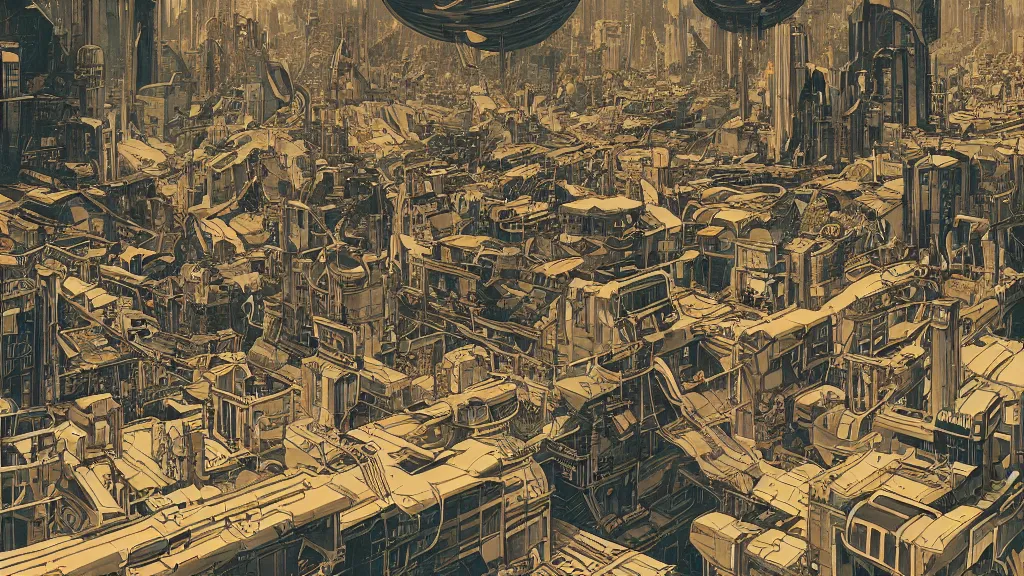 Image similar to very detailed, epic art nouveau graphic novel, ilya kuvshinov, mcbess, rutkowski, simon roy, illustration of space dystopian metropolis, illustration of decrepit cyberpunk arcologies, space junk falling from sky, wide shot, colorful, deep shadows, astrophotography, hyperdetailed, cybernetics, cryengine, realistic shaded lighting, sharp focus