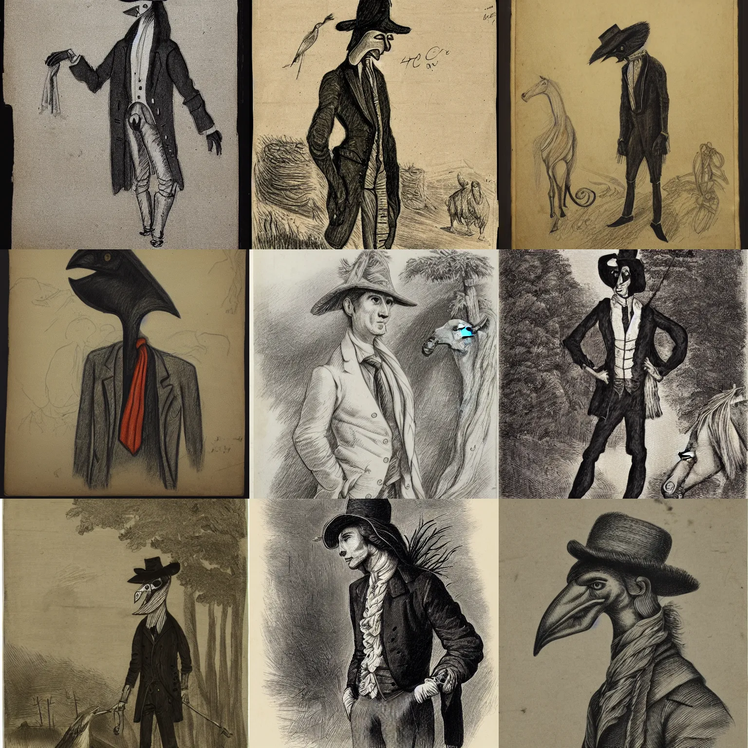 Prompt: crow - like humanoid with long neck and equine face, forest of neckties, straw hat and overcoat, bucolic, rococo, sketch