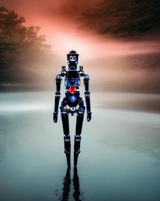 Prompt: beautiful centered photo portrait of hoyeon jung as a solarpunk robotic humanoid with white mechanical parts with bright halogen lights, walking through calm water, ultra - realistic and detailed, foggy background, sunset lighting, soft focus, slow exposure hdr 8 k