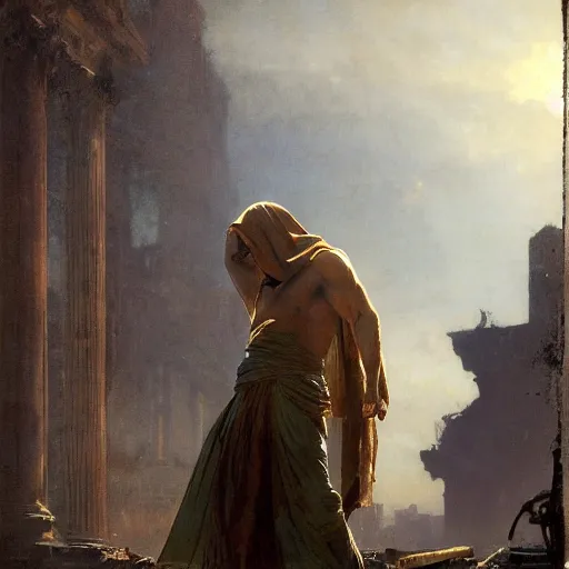 Image similar to half portait of magicus wearing a closed cowl and big old book! chained to the wrist, jeremy mann, jean - leon gerome, tiepolo, alphonse mucha, greg rutkowski, face in the shadows, ( ( ruins of ancient rome ) ), at dusk, mysterious atmosphere, sunrays, dof, high detailed, 8 k