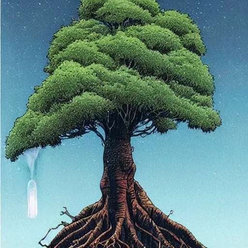 Image similar to a large tree rooted in a large crystal that is floating in space, by moebius