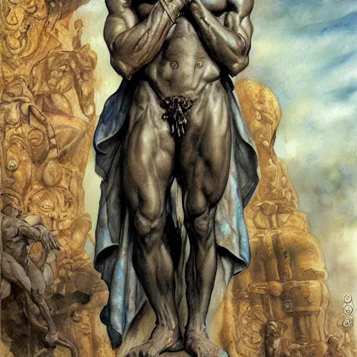 Image similar to Roguish Picaro Dsurion stands at the gates of Hades Hand Crafted By Rodin. Painting by Donato Giancola Jeff Simpson stamp watercolor