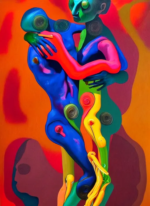 Prompt: a strange, biomorphic painting of two humanoid figures entwined, in vibrant colours, in the style of jenny saville, in the style of charlie immer, highly detailed, dramatic, emotionally evoking, head in focus, volumetric lighting, oil painting, timeless disturbing masterpiece