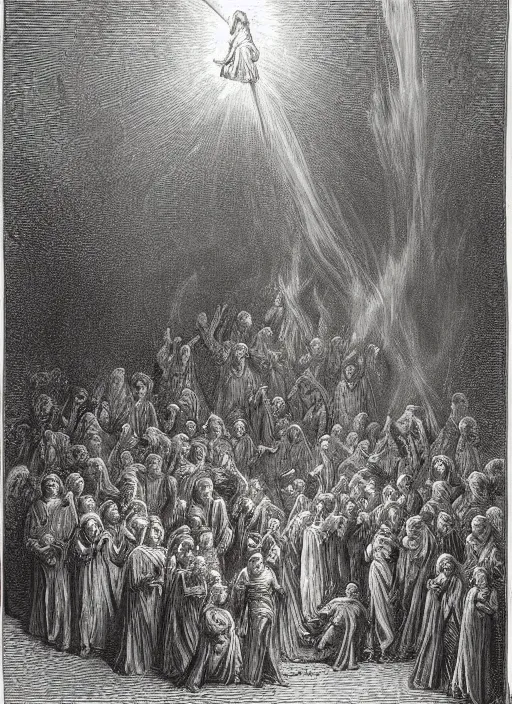 Prompt: A church burning down with angels pouring water down onto the church, painted by Gustave Dore