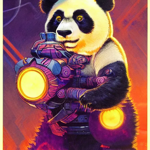 Image similar to a panda mecha, close - up portrait, reflective detailed textures, glowing colorful fog, dark background. highly detailed fantasy science fiction painting by moebius, norman rockwell, frank frazetta, and syd mead. rich colors, high contrast. trending on artstation