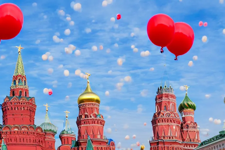 Prompt: 99 red balloons fly over the towers of the Moscow Kremlin and red square, sunny day, deep blue sky, some clouds, award winning photo, ultra realistic, 18mm Lens