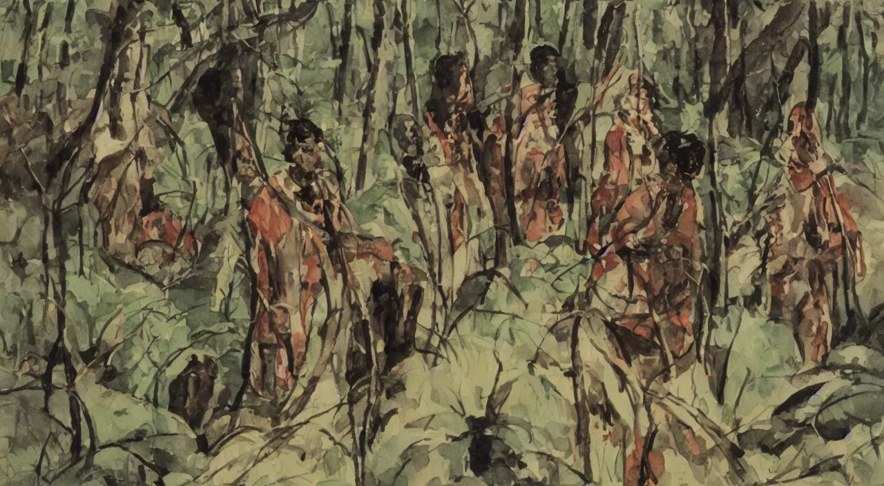 Image similar to close up portrait of Indian natives are waiting, hidden in the woods, watercolour by Hugo Pratt, oil on canvas