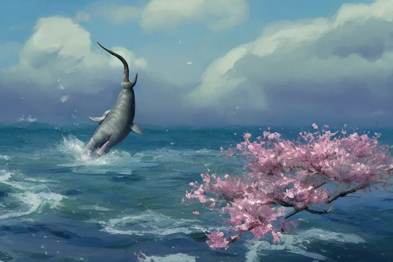 Prompt: narwhal jumping out the sea, sakura trees, sakura season dynamic lighting, landscape, artwork by jeremy lipkin and giuseppe dangelico pino and michael garmash and rob rey and greg manchess and huang guangjian and makoto shinkai, pixiv, 1 0 0 mm