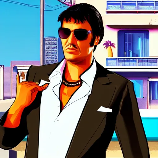 Image similar to tony montana, gta vice city loading screen, box art, no beard