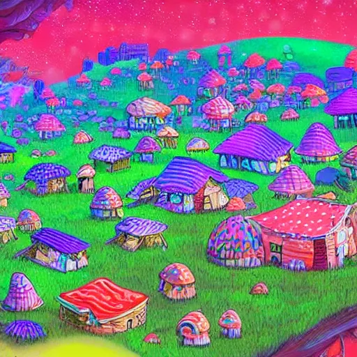 Prompt: colorful village made of mushrooms connected by a vast mycelial network, dreamy landscape, prismatic lighting