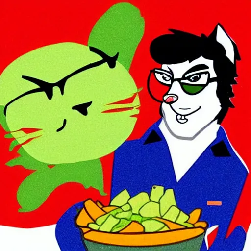 Image similar to elvis and a cat eating guacamole and fries, cartoon, high quality, detailed