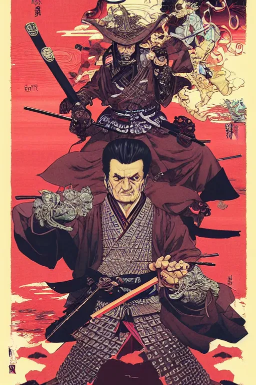 Prompt: poster of joe pesci as a samurai, by yoichi hatakenaka, masamune shirow, josan gonzales and dan mumford, ayami kojima, takato yamamoto, barclay shaw, karol bak, yukito kishiro