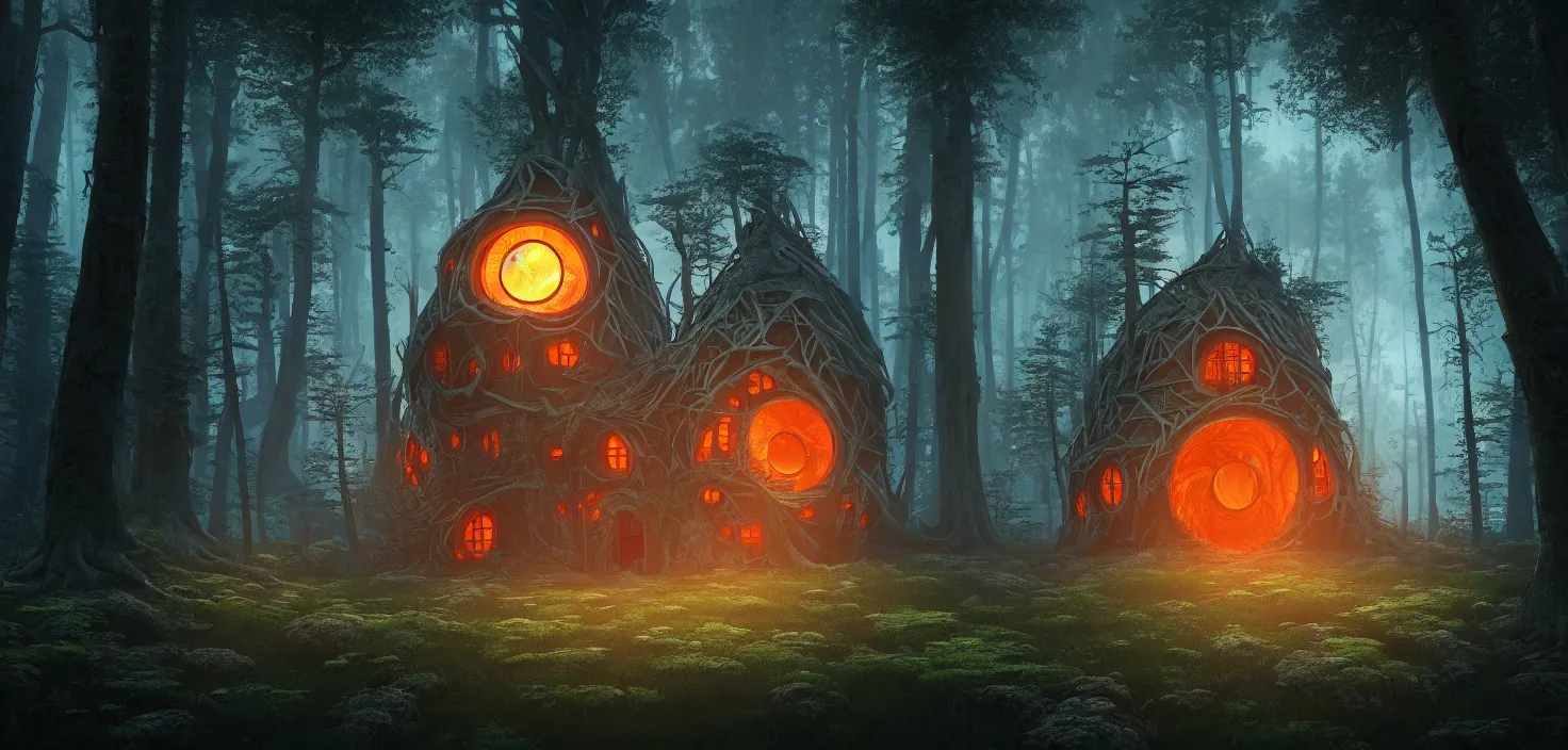 Prompt: random scary forest house landscape, big round glowing multicoloured portal house, central symmetrical composition, incredible, vector art, octane render, fabulous, hyper detailed, random cinematic view, no noise, global illumination, warm lighting, volumetric, godrays, vivid, beautiful, by jordan grimmer