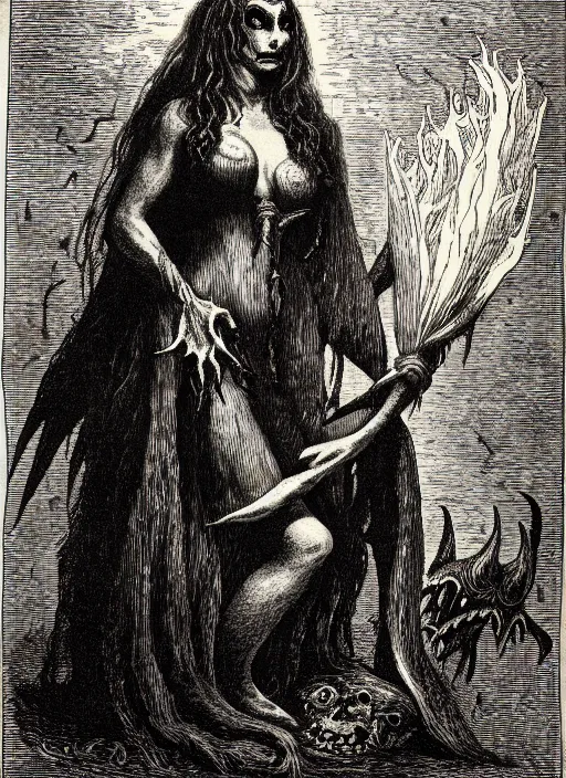 Image similar to ursula the sea witch as a demon from the dictionarre infernal, etching by louis le breton, 1 8 6 9, 1 2 0 0 dpi scan, ultrasharp detail, clean scan