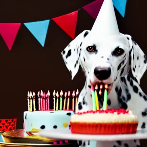 Image similar to female dalmatian with birthday hat eating birthday cake,