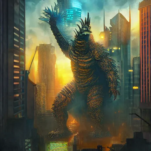 Image similar to an epic painting of minion as godzilla, destroying cyberpunk megapolis, oil on canvas, perfect composition, golden ratio, beautiful detailed, photorealistic, digital painting, concept art, smooth, sharp focus, illustration, fantasy background, artstation trending, octane render, unreal engine