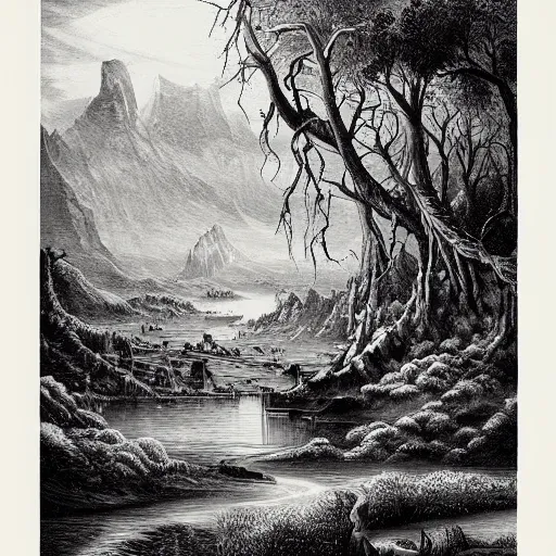 Prompt: impressive fantasy landscape, pure b & w, engraving illustration, masterpiece