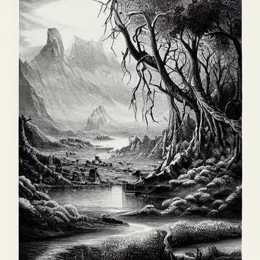 Image similar to impressive fantasy landscape, pure b & w, engraving illustration, masterpiece