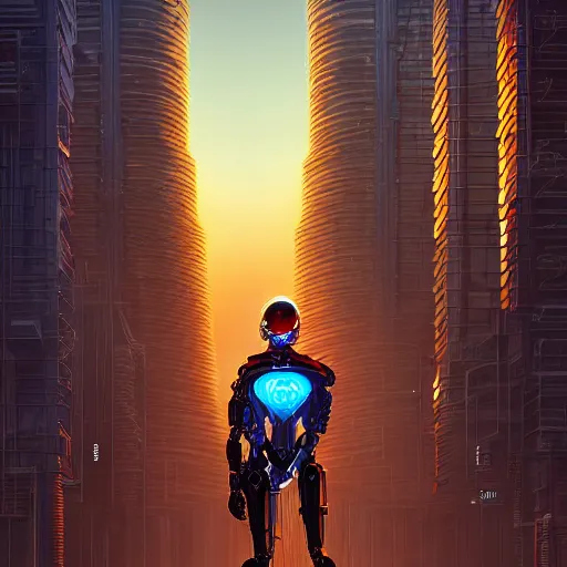 Prompt: ninja cyborg mechanical exoskeleton designed by jony ive, in cybercity, golden hour, poster by michael whelan and gilbert williams and evgeny lushpin and artgerm and alena aenami, 3 0 mm, well proportioned, highly detailed, rule of thirds, long exposure