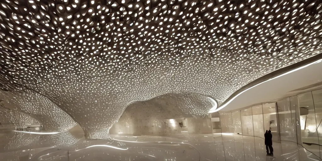 Image similar to extremely detailed stunning curvilinear museum interior with water centered sculpture piece and led strips