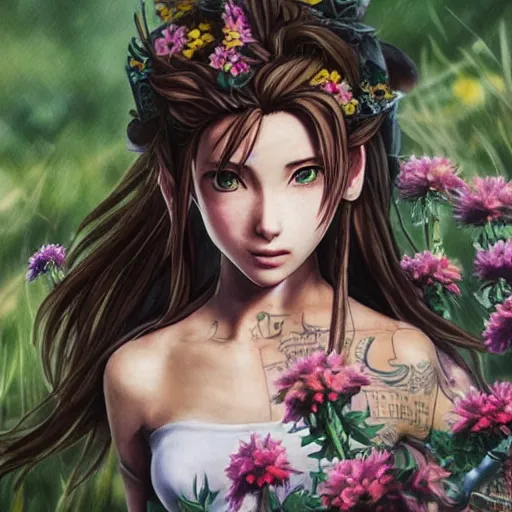 Image similar to concept art of aerith gainsborough with tattoos, amongst flowers, high quality, detailed, trending on artstartion