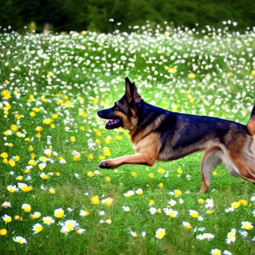 Prompt: German shepherd dog chasing a bunny in a field with daisies, trees in the distance with sun blue skies a couple of clouds