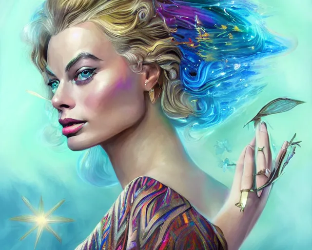 Prompt: margot robbie as a beautiful magician casting colorful spells, fantasy art, in the style of JOHN STEPHENS, illustration, epic art, fantasy, intricate, elgant, amazing detail, digital painting, artstation, concept art, smooth, sharp focus