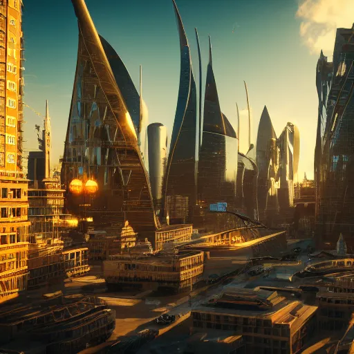 Image similar to downtown of a golden fantasy sci fi luxurious city with cerulean oceansides, scandinavian / norse influenced, cinematic, ray traced, octane render, cinematic lighting, ultrarealistic, featured on artstation, 8 k uhd artwork