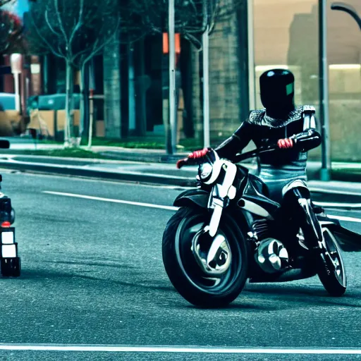 Image similar to Film still of 'Robot Future 2050'. Motorcycle chase scene. Sigma 85mm f/1.4