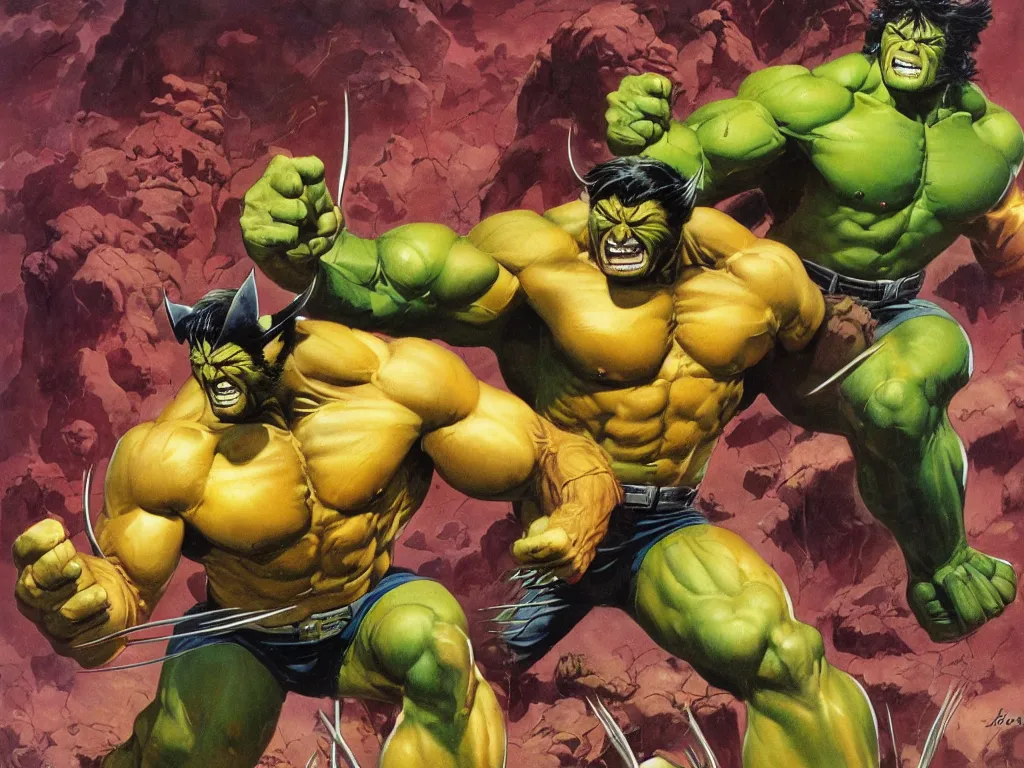 Image similar to Wolverine in battle with Hulk by Frank Frazetta and by Joe Jusko, oil painting, detailed, proportional, trending on art station, 4k