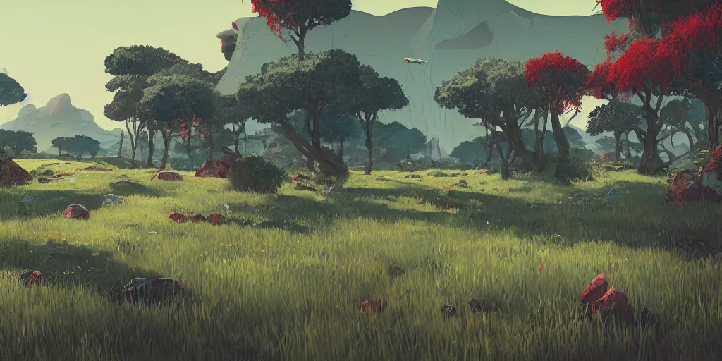 Prompt: landscape illustration at noon by james jean painted in no mans sky style, redshift, octane