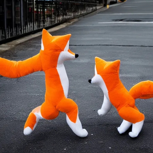 Prompt: Two fox! plushies playfully wrestling on the sidewalk, dynamic, motion blur, 1/4 shutter speed, award winning photography