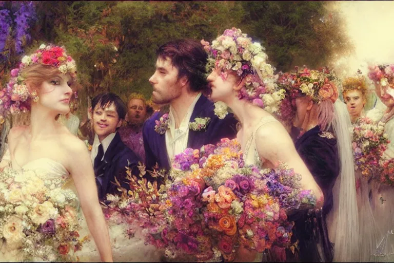 Image similar to the groom look at the bride at a wedding full of flowers, bright and happy, dreamlike art, highly detail, 4 k realistic, wedding photoy krenz cushart, artem demura, yoji shinkawa artgerm, jon lothian, danilo torres. adi meyers. thomas reimann. gaston bussiere.