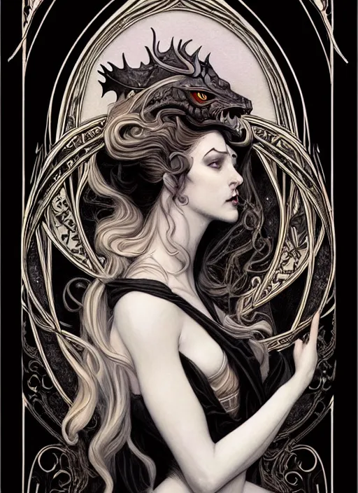 Image similar to an art nouveau, black dragon portrait in the style of charlie bowater, and in the style of donato giancola, and in the style of charles dulac. very large, clear, expressive, intelligent eyes. symmetrical, centered, ultrasharp focus, dramatic lighting, photorealistic digital painting, intricate ultra detailed background.