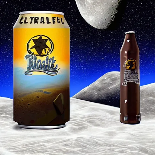 Image similar to detailed realistic idle regular sized electric guitar and a detailed realistic idle regular sized beer can on the moon surface. detailed photo