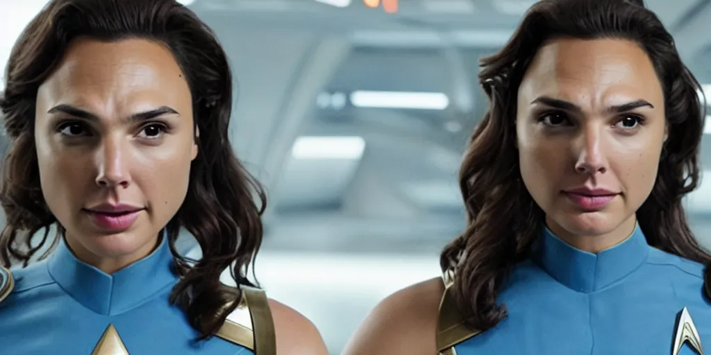 Image similar to gal gadot, in full starfleet uniform, is the captain of the starship enterprise in the new star trek movie