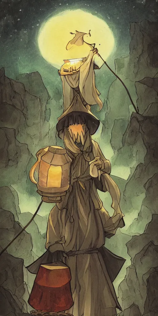 Image similar to a hermit on a mountain with a lamp drawn like Watamote anime, full color, tarot card The hermit,