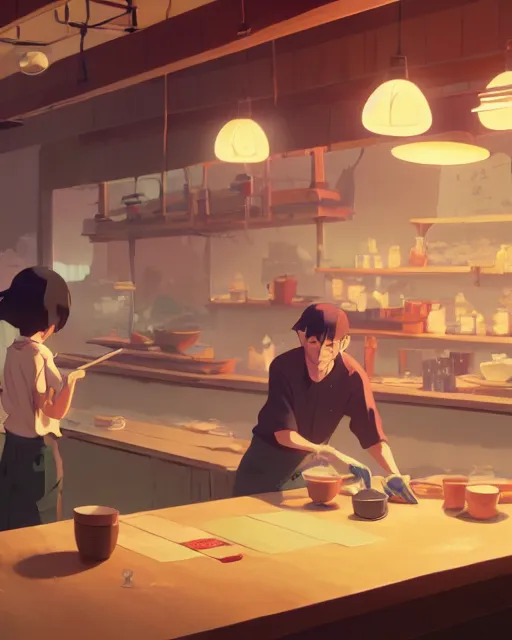 Image similar to a man cleaning the table in his ramen shop, cory loftis, james gilleard, atey ghailan, makoto shinkai, goro fujita, studio ghibli, rim light, exquisite lighting, clear focus, very coherent, plain background, soft painting