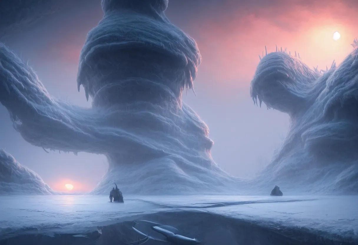 Image similar to strange surface of another frozen winter planet at sunset, sea creature emerging, ultra high definition, ultra detailed, symmetry, fog, matte painting, by greg rutkowski and ross tran and wlop