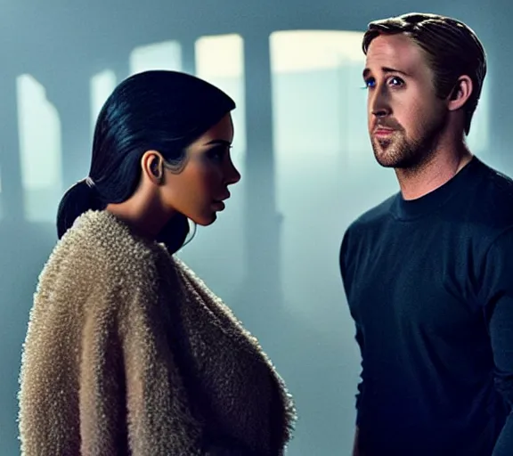 Image similar to a movie still of kim kardashian talking with ryan gosling in the movie blade runner 2 0 4 9