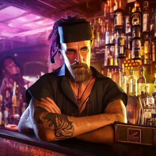 Image similar to high quality portrait of a pirate bartender in a cyberpunk cyberpunk cyberpunk cafe, realism, 8k, award winning photo