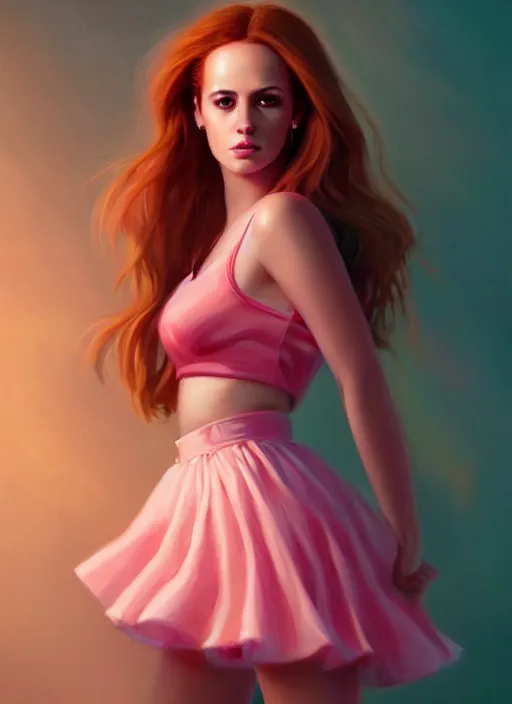 Image similar to full body portrait of teenage cheryl blossom, bangs, green eyes, sultry expression, red hair, sultry smirk, bangs and wavy hair, pink skirt, intricate, elegant, glowing lights, highly detailed, digital painting, artstation, concept art, smooth, sharp focus, illustration, art by wlop, mars ravelo and greg rutkowski