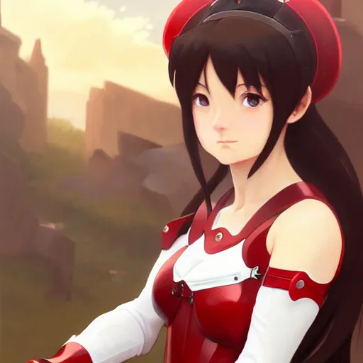 Image similar to card art of a girl wearing red armor with white dress, makoto shinkai, very detailed, realistic face, detailed face, matte, tonemapping, bbwchan, perfection, 4K, William-Adolphe Bouguereau