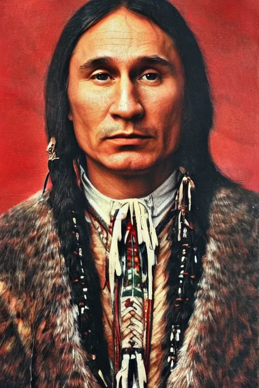 Image similar to Photo of Native American indian man Vladimir Putin, portrait, skilled warrior of the Apache, ancient, realistic, detailed, Emma Watson