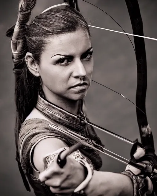 Prompt: photo of world, women with a bow and arrow, female archer, warrior, realistic face