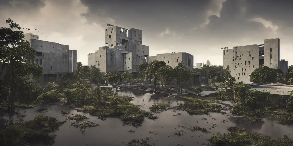 Prompt: brutalist concrete pyramids by Le Corbusier, abandoned temples, empty city streetscapes, surrounded by lush green vegetation, ground-level view, puddles of water, stunning volumetric lighting, sunset, trending on Artstation, 8k, photorealistic, hyper detailed, unreal engine 5, cinematic, epic lighting, cryengine, octane render, cyberpunk,, dark, gloomy