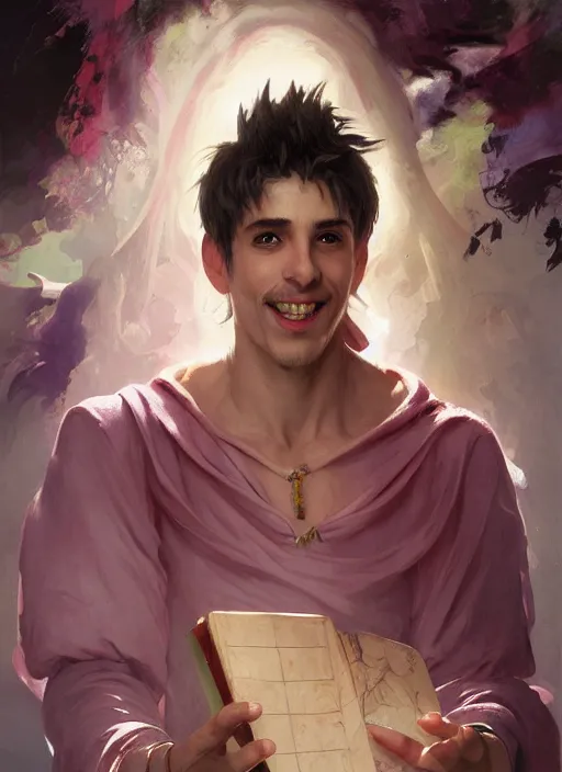 Image similar to character concept portrait of an attractive young smiling Spanish wizard with pink skin conjuring a love spell, a floating iridescent spell book in the center, intricate, elegant, digital painting, concept art, smooth, sharp focus, illustration, from Metal Gear, by Ruan Jia and Mandy Jurgens and William-Adolphe Bouguereau, Artgerm