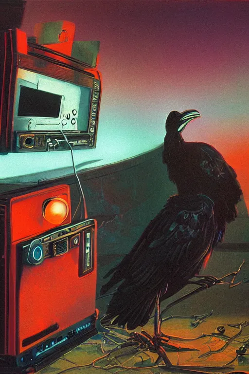 Image similar to a raven observing 8 0 s era technology, vintage shapes, retro technology, glowing color, wayne barlow, oil on canvas, deep depth of field, masterpiece, cinematic composition, hyperdetailed