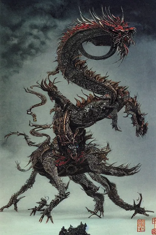 Prompt: oimmortal beast from chinese mythology, chinese dragon slayer concept art, beksinski